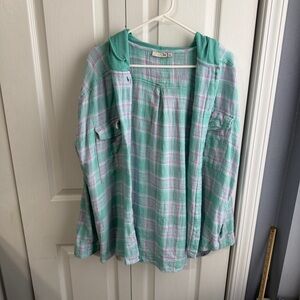 SO green pink plaid hooded flannel shacket size XL